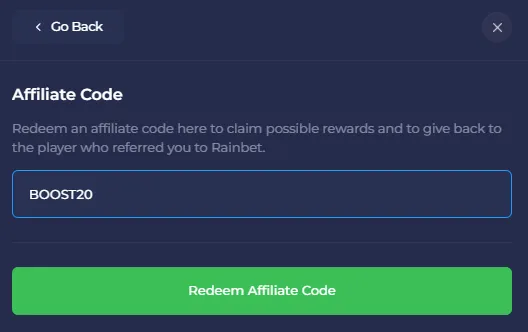 Rainbet Affiliate Code screen with BOOST20 entered and a Redeem Affiliate Code button