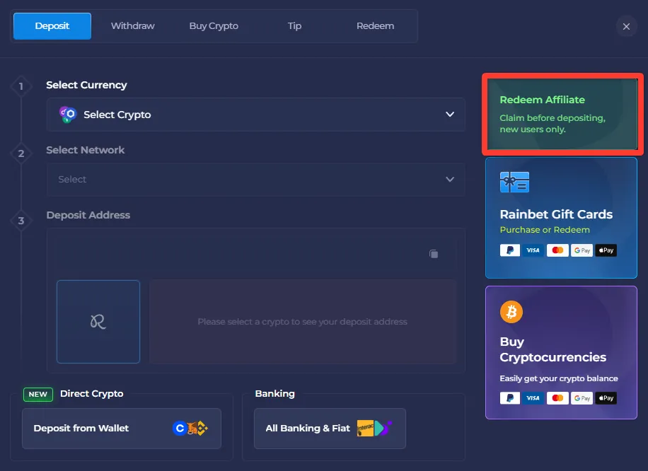 Rainbet Deposit window with the Redeem Affiliate card highlighted on the right-hand side