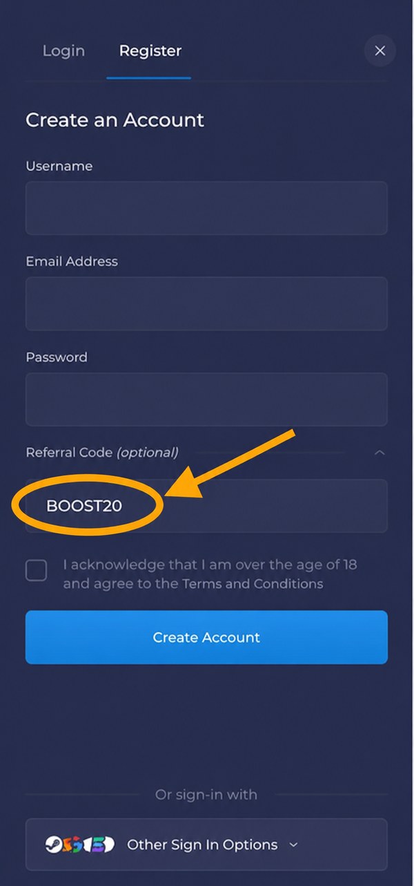 Rainbet Login and Register screen with the BOOST20 referral code entered