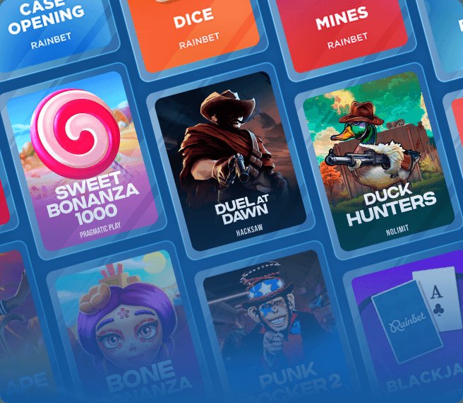 Grid of Rainbet casino games including Sweet Bonanza 1000, Duel at Dawn, Duck Hunters, Dice, Mines and Blackjack
