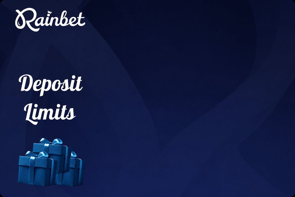 Rainbet Deposit Limits banner with the Rainbet logo and stacked blue gift boxes on a dark background