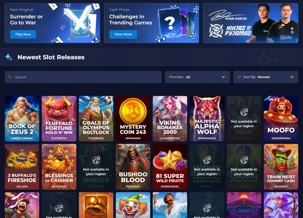 Rainbet lobby with promotional banners and a Newest Slot Releases row featuring titles like Book of Zeus 2 and Viking Bonanza 2000