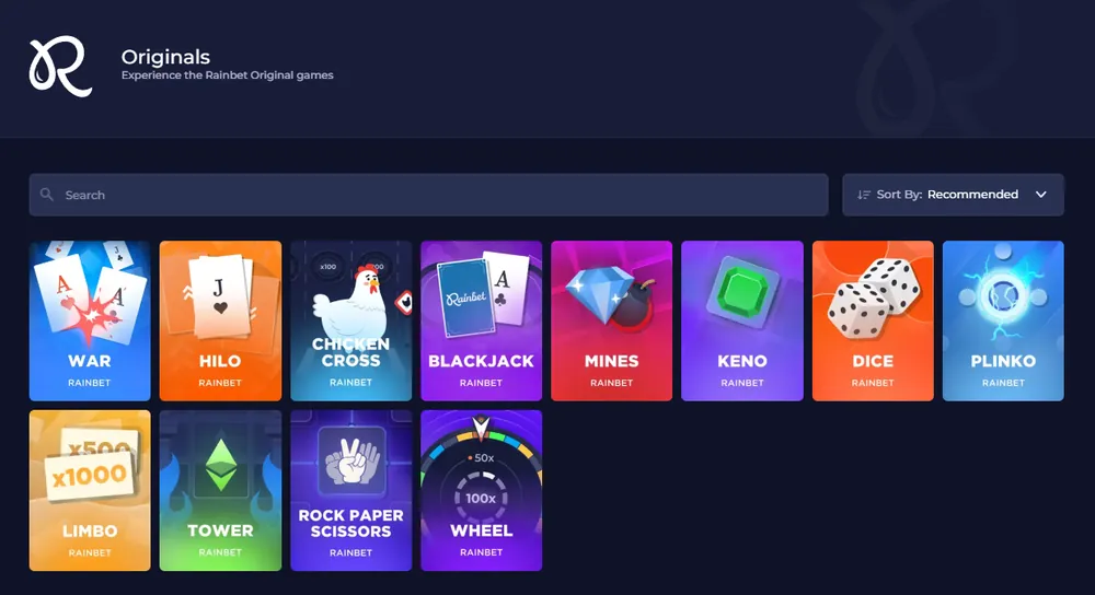 Rainbet Originals lobby with in-house games including Mines, Dice, Plinko, Keno, Blackjack and Wheel