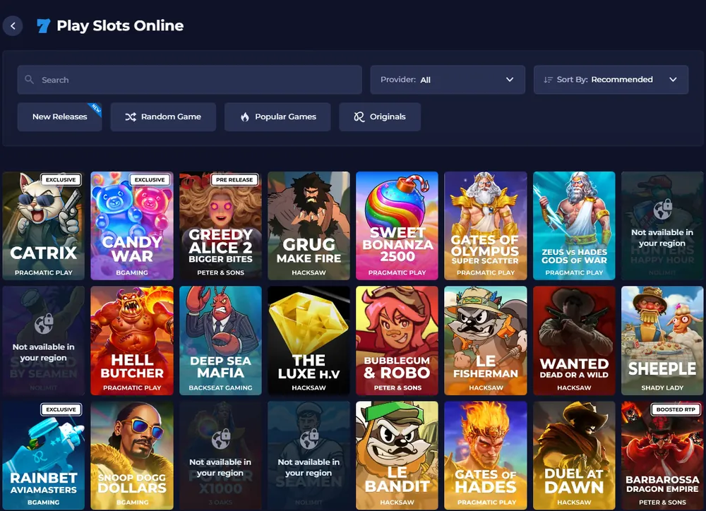 Rainbet Play Slots Online lobby showing slot tiles such as Sweet Bonanza 2500, Gates of Olympus and Le Bandit from various providers
