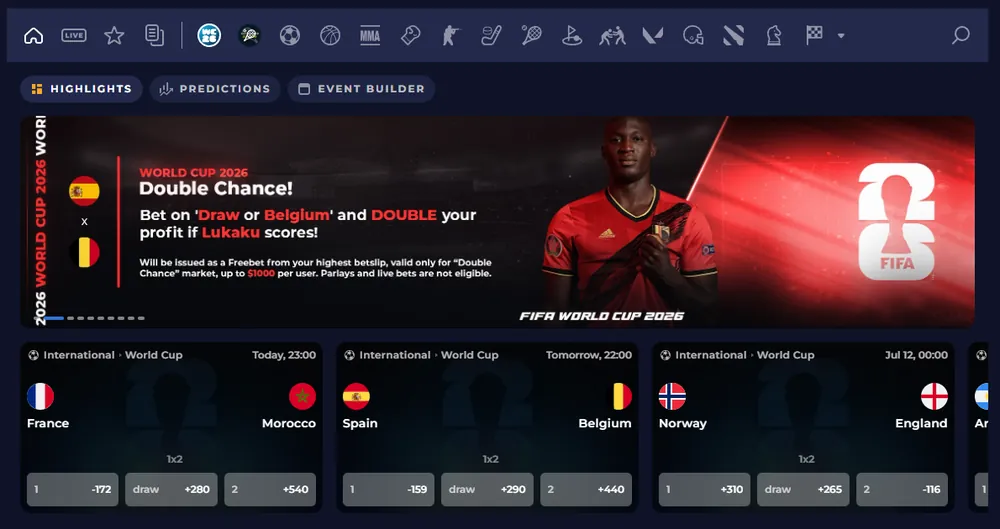 Rainbet sportsbook showing a World Cup 2026 promotion and upcoming football matches with odds